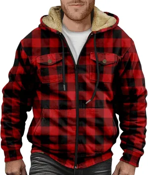 RTRDE Mens Work Coats and Jacket Plaid Fleece Sherpa Lined Heavyweight Thick Zip Up Hoodie Coats Outwear Coat, M-6XL