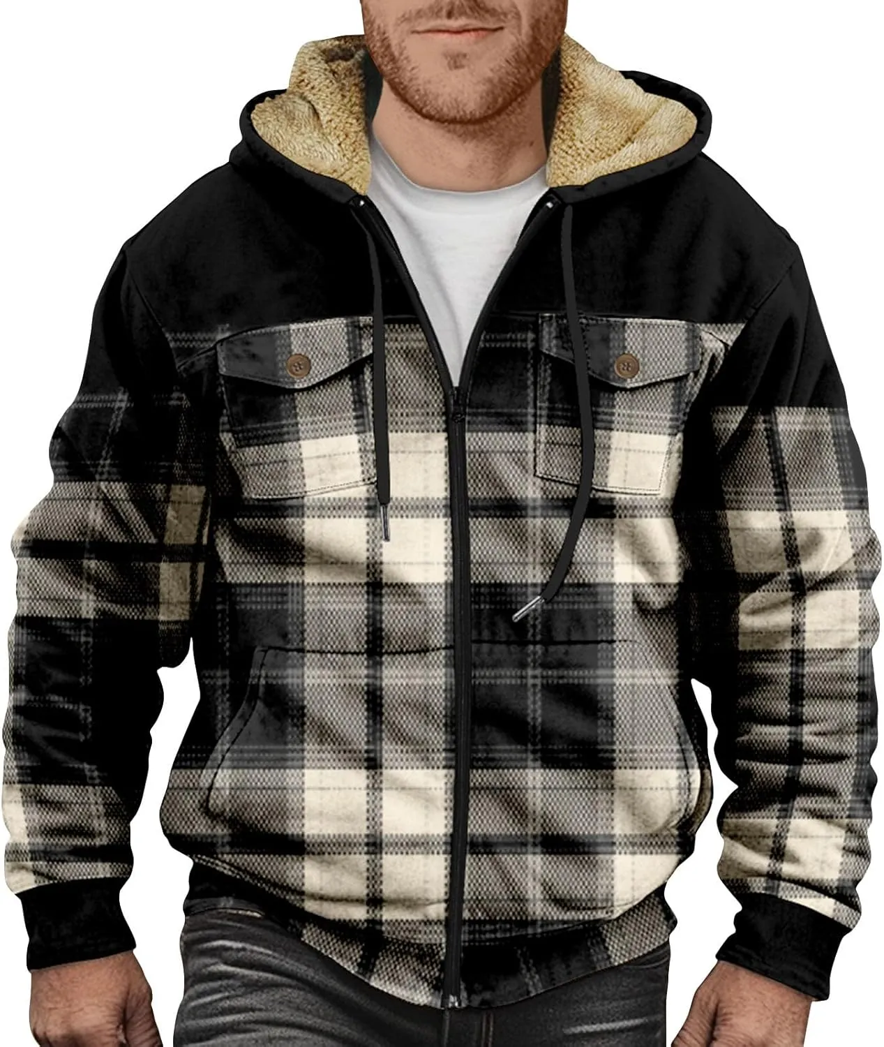 RTRDE Mens Work Coats and Jacket Plaid Fleece Sherpa Lined Heavyweight Thick Zip Up Hoodie Coats Outwear Coat, M-6XL