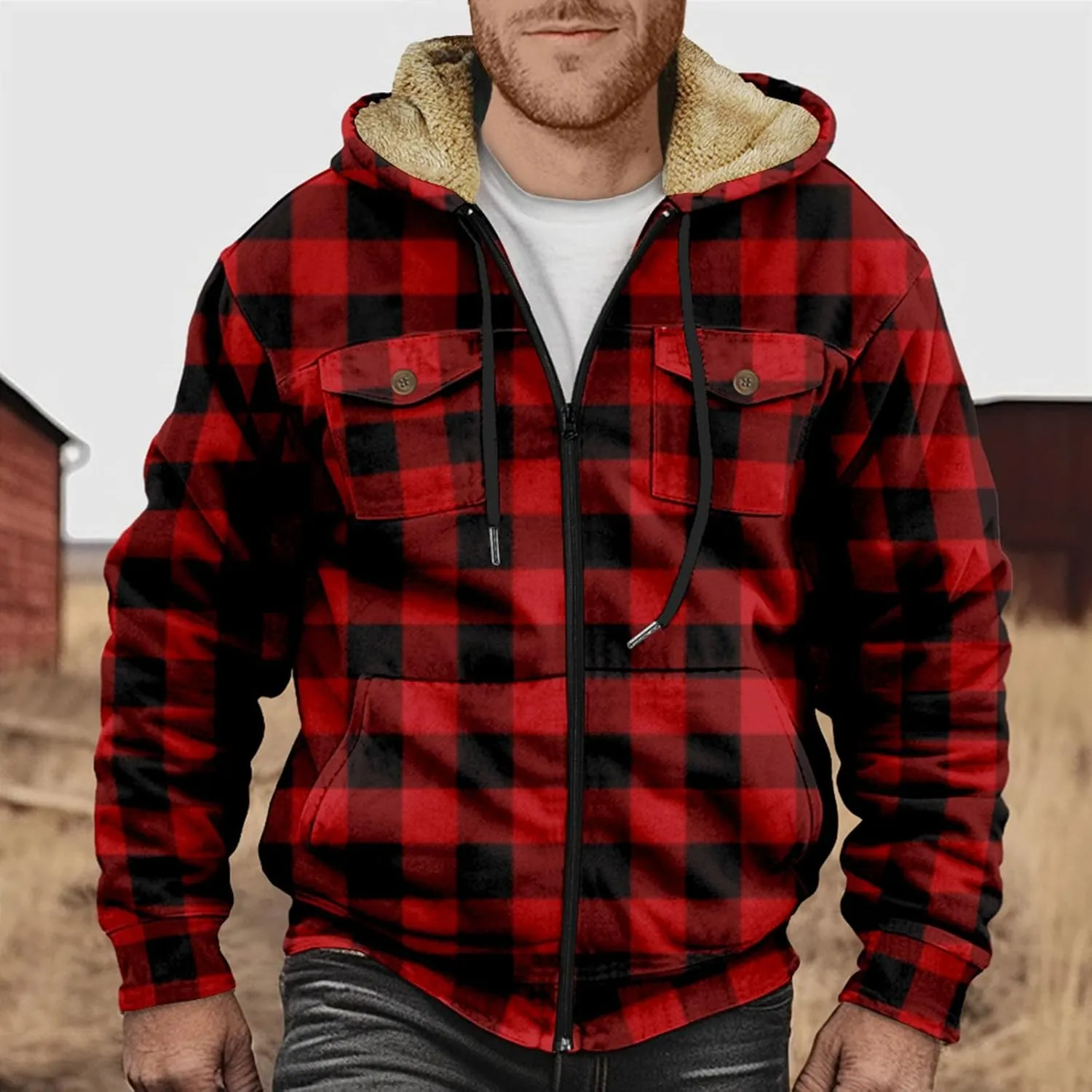 RTRDE Mens Work Coats and Jacket Plaid Fleece Sherpa Lined Heavyweight Thick Zip Up Hoodie Coats Outwear Coat, M-6XL