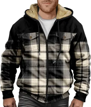 RTRDE Mens Work Coats and Jacket Plaid Fleece Sherpa Lined Heavyweight Thick Zip Up Hoodie Coats Outwear Coat, M-6XL