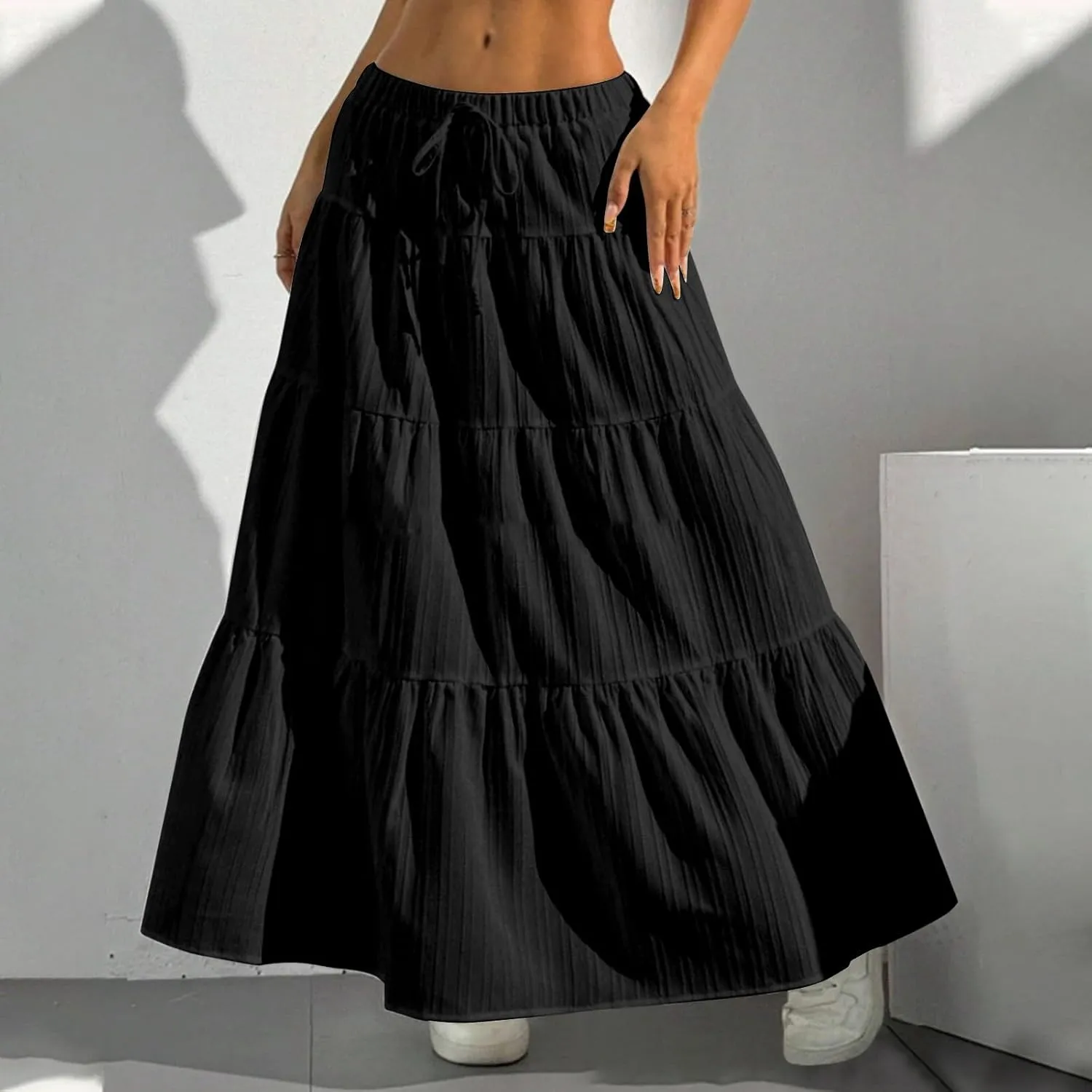 Ruffle Maxi Skirts for Women 2025 Summer Cotton Linen Elastic High Waisted Swing A-Line Skirt