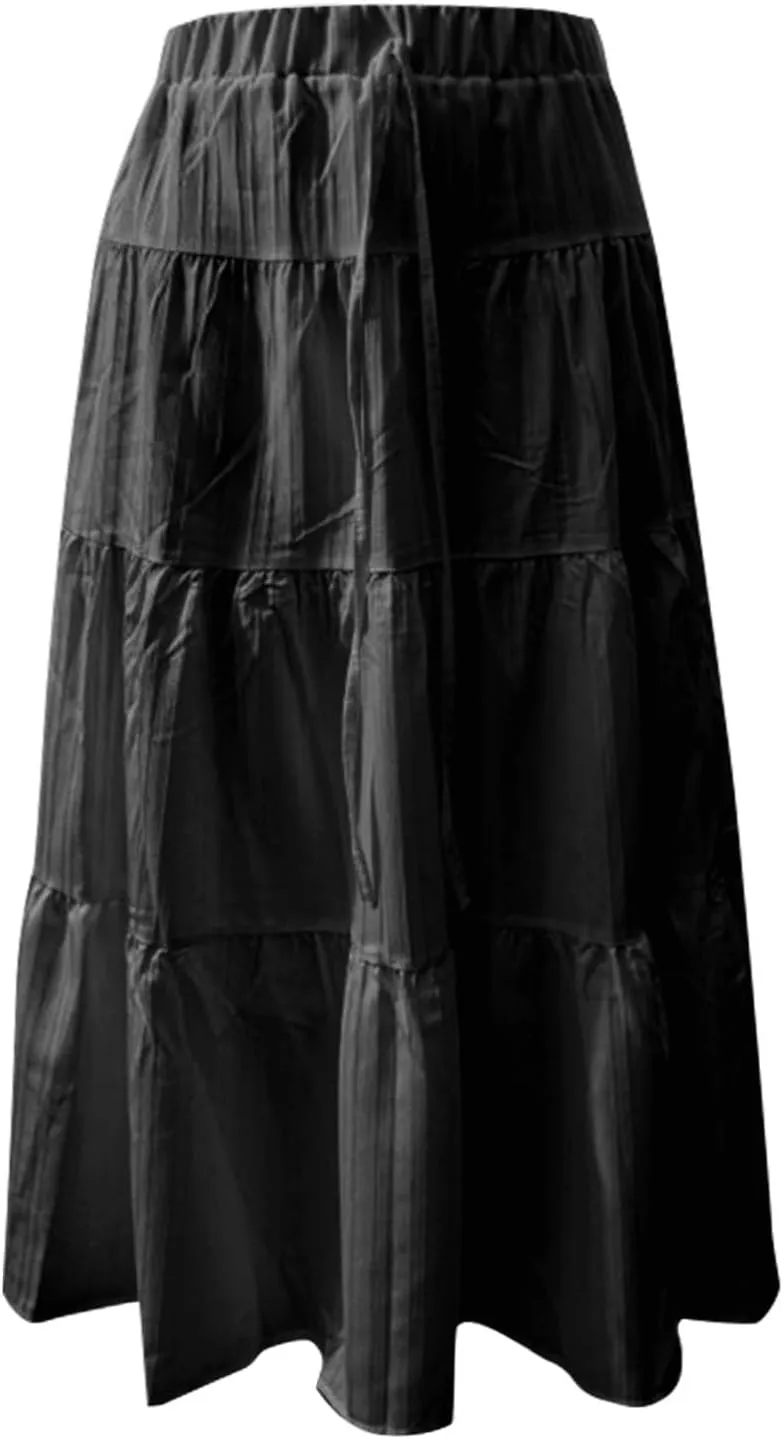 Ruffle Maxi Skirts for Women 2025 Summer Cotton Linen Elastic High Waisted Swing A-Line Skirt