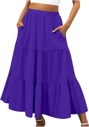 Ruffle Midi Skirts for Women with Pockets Elastic High Waisted Solid Color Swing A Line Beach Skirt