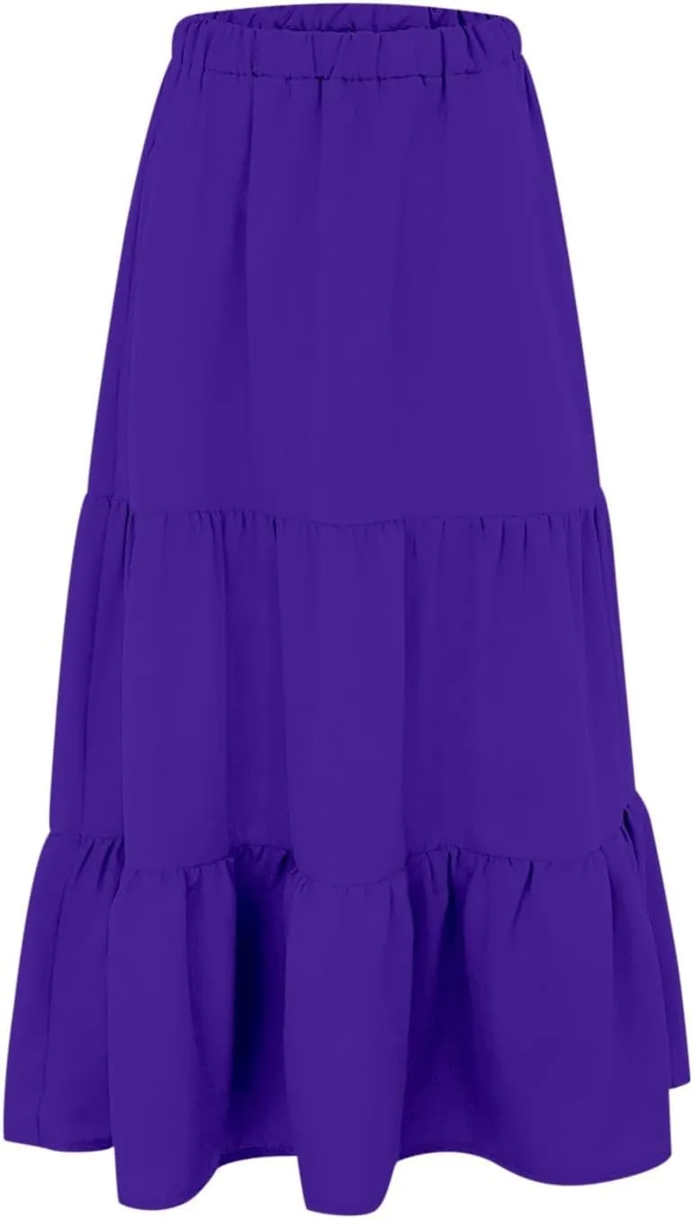 Ruffle Midi Skirts for Women with Pockets Elastic High Waisted Solid Color Swing A Line Beach Skirt