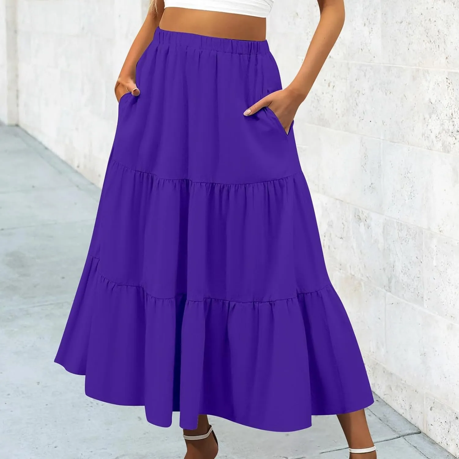 Ruffle Midi Skirts for Women with Pockets Elastic High Waisted Solid Color Swing A Line Beach Skirt