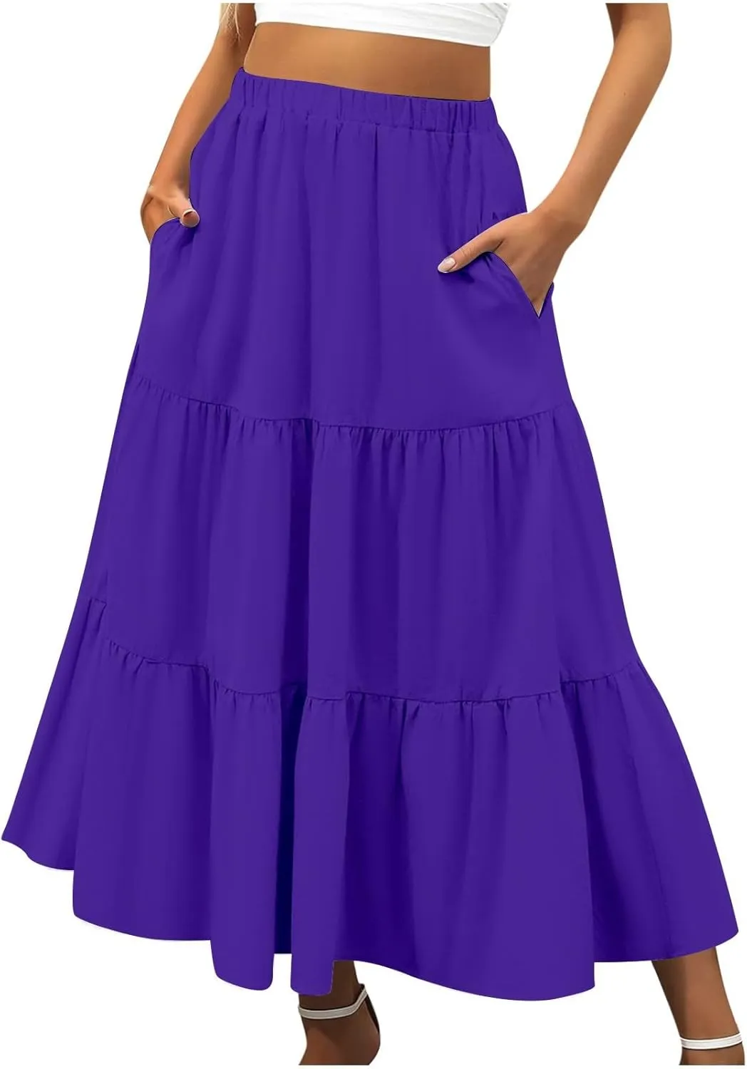 Ruffle Midi Skirts for Women with Pockets Elastic High Waisted Solid Color Swing A Line Beach Skirt