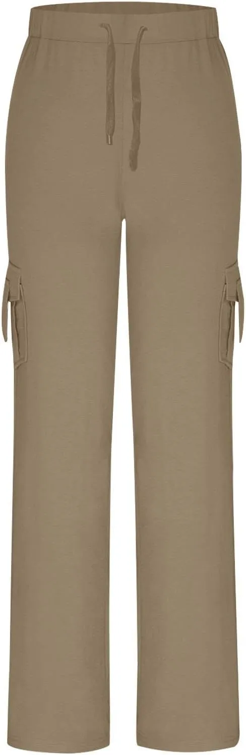Ruziyoog Womens Cargo Pants Drawstring Waist Loose Fit Flare Trousers with Pockets Casual Lounge Wear Sweatpants