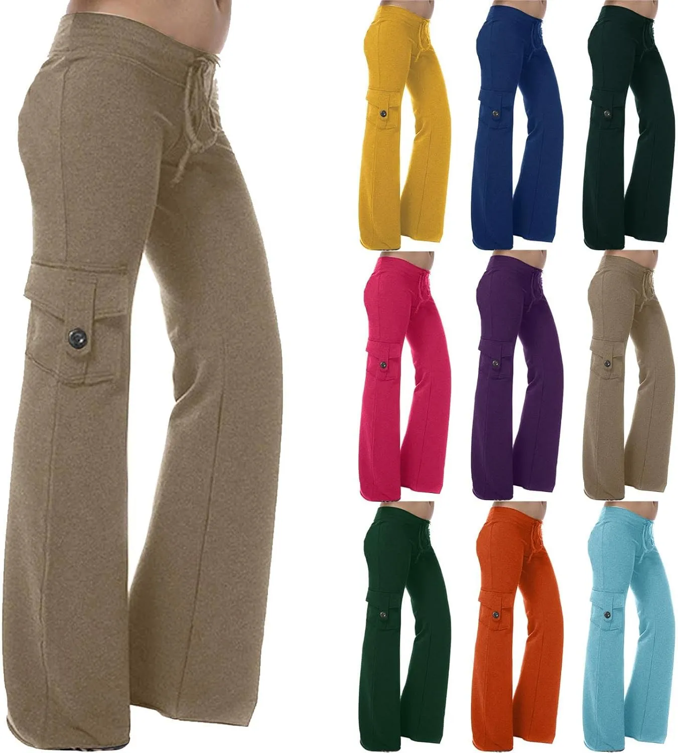 Ruziyoog Womens Cargo Pants Drawstring Waist Loose Fit Flare Trousers with Pockets Casual Lounge Wear Sweatpants