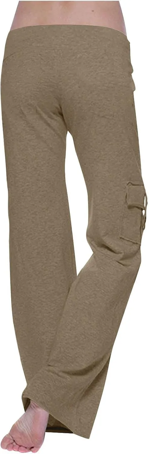 Ruziyoog Womens Cargo Pants Drawstring Waist Loose Fit Flare Trousers with Pockets Casual Lounge Wear Sweatpants