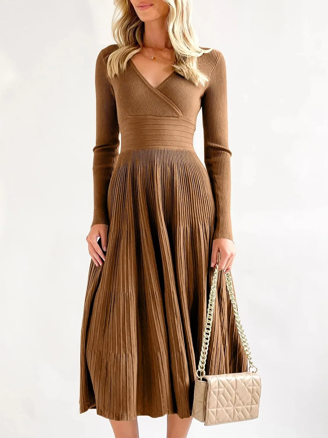 Saodimallsu Womens Long Sleeve Midi Sweater Dress Wrap V Neck Pleated A Line Fit Flare Elegant Knit Maxi Dress
