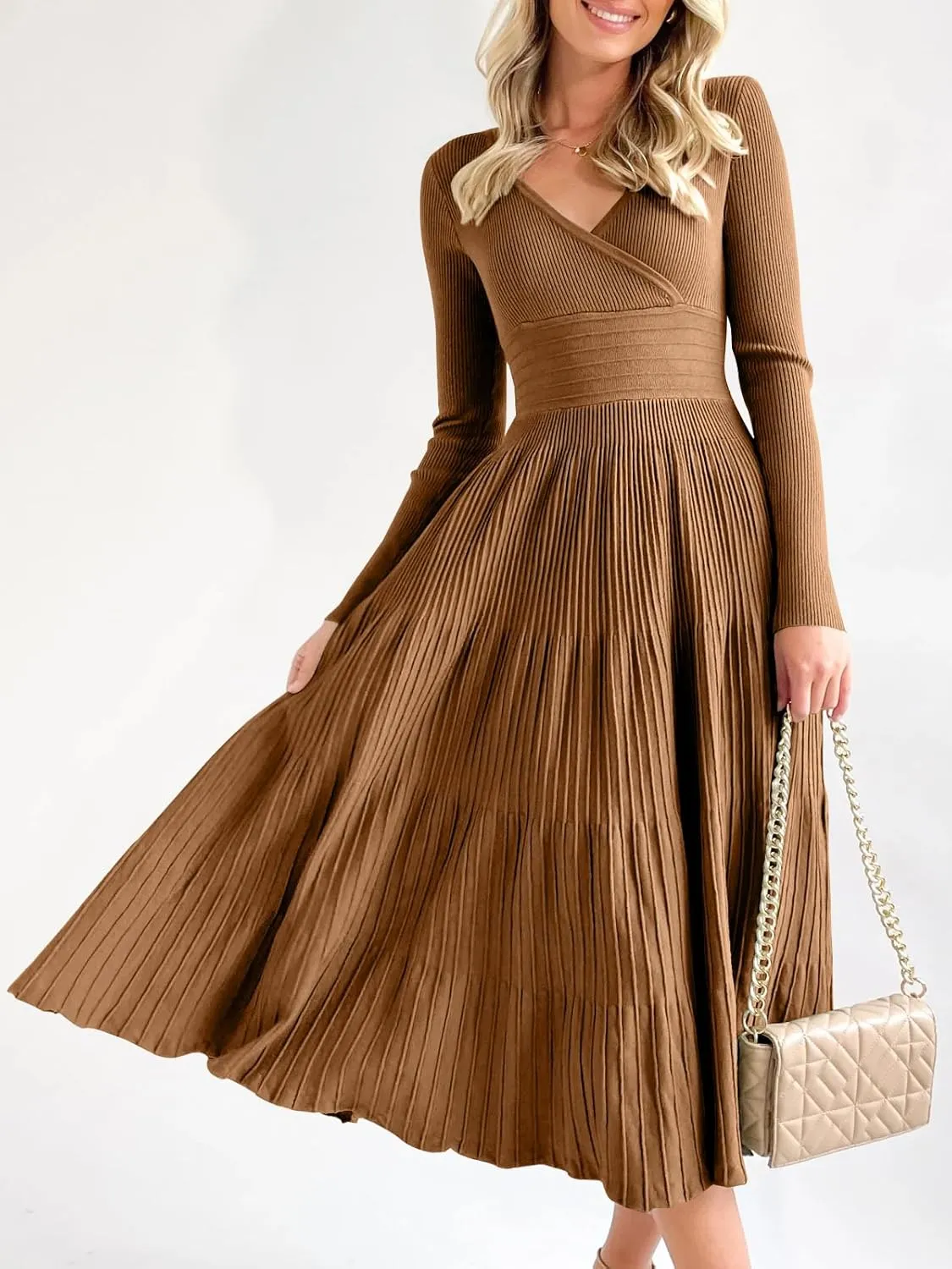 Saodimallsu Womens Long Sleeve Midi Sweater Dress Wrap V Neck Pleated A Line Fit Flare Elegant Knit Maxi Dress