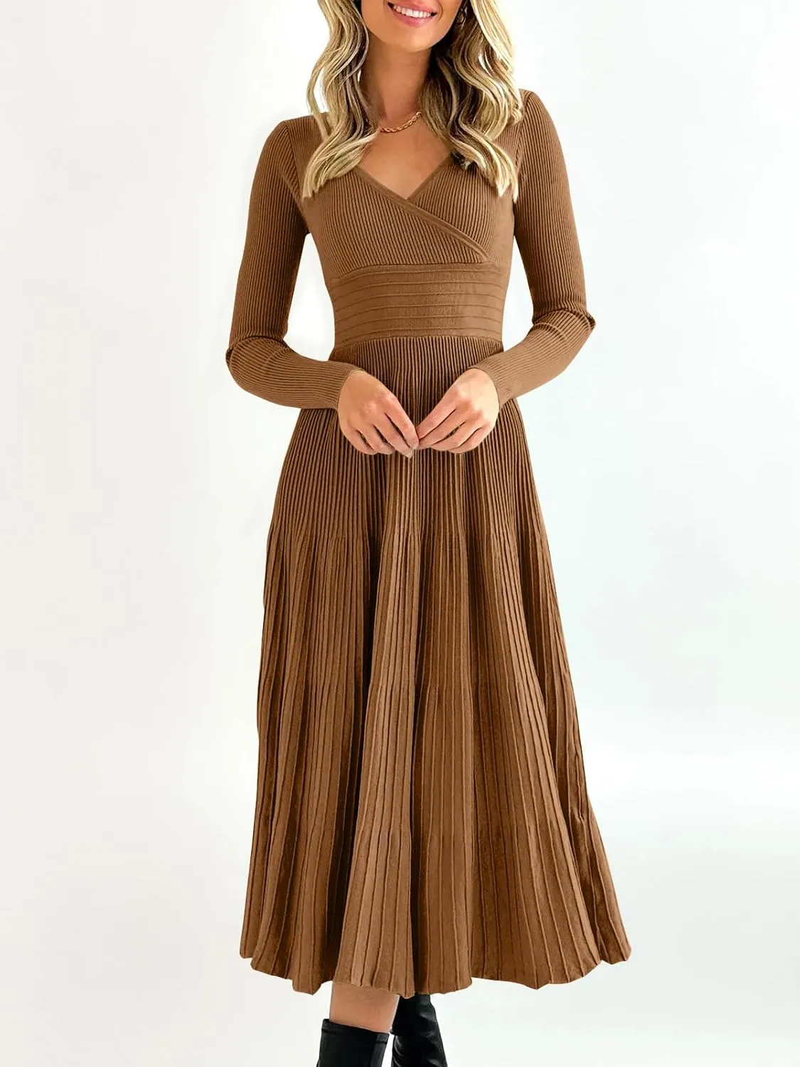 Saodimallsu Womens Long Sleeve Midi Sweater Dress Wrap V Neck Pleated A Line Fit Flare Elegant Knit Maxi Dress