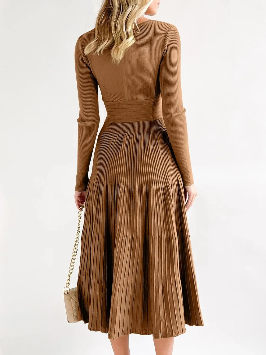 Saodimallsu Womens Long Sleeve Midi Sweater Dress Wrap V Neck Pleated A Line Fit Flare Elegant Knit Maxi Dress