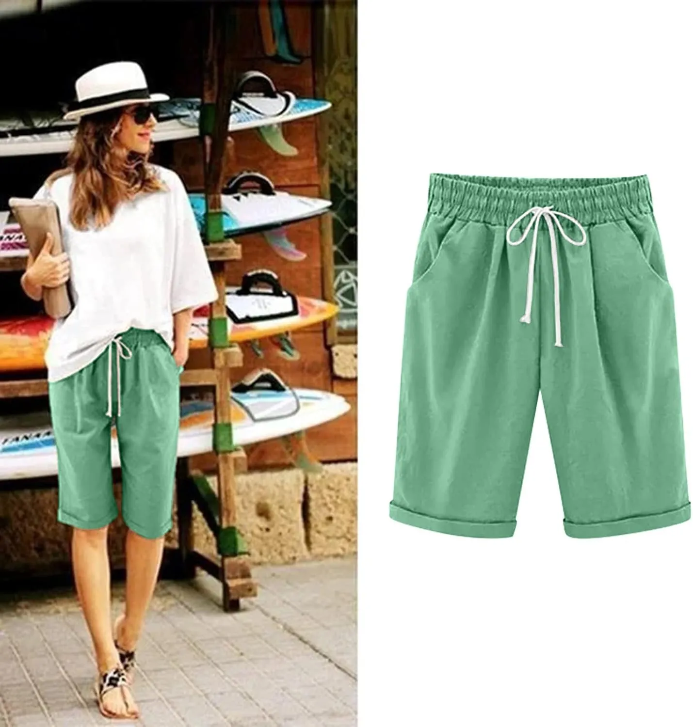 sdbrld Bermuda Shorts for Women Knee Length Casual Summer Drawstring Pull on Beach Shorts Womens Bermuda Shorts with Pockets
