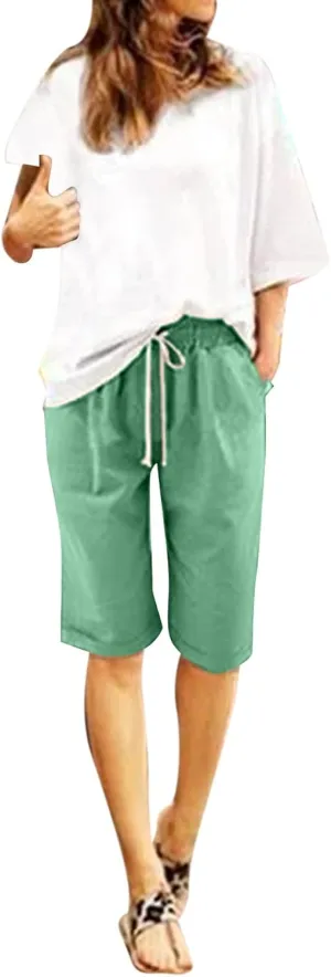sdbrld Bermuda Shorts for Women Knee Length Casual Summer Drawstring Pull on Beach Shorts Womens Bermuda Shorts with Pockets