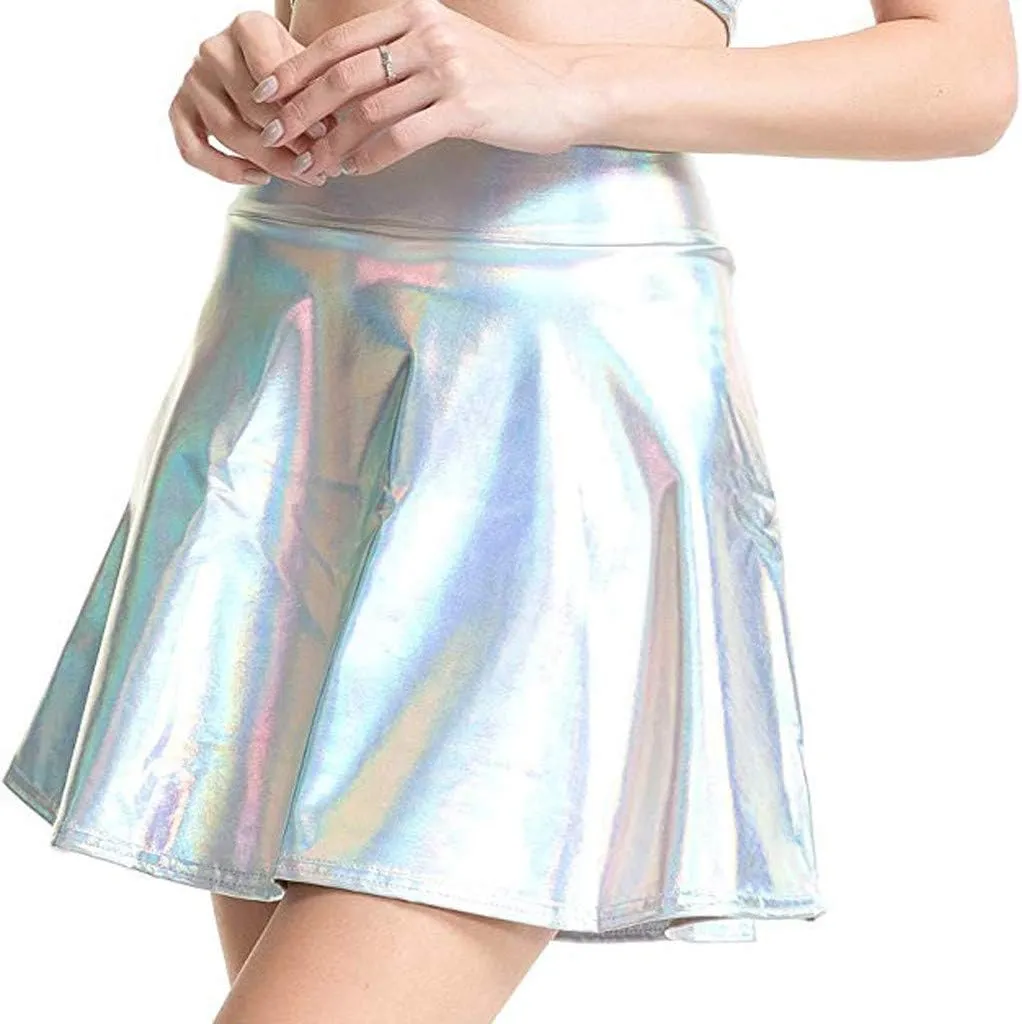Sexy Mini Skirt Women's Casual Fashion Shiny Flared Pleated A-Line Swing Brightly Skirt Mini Skirts for Women