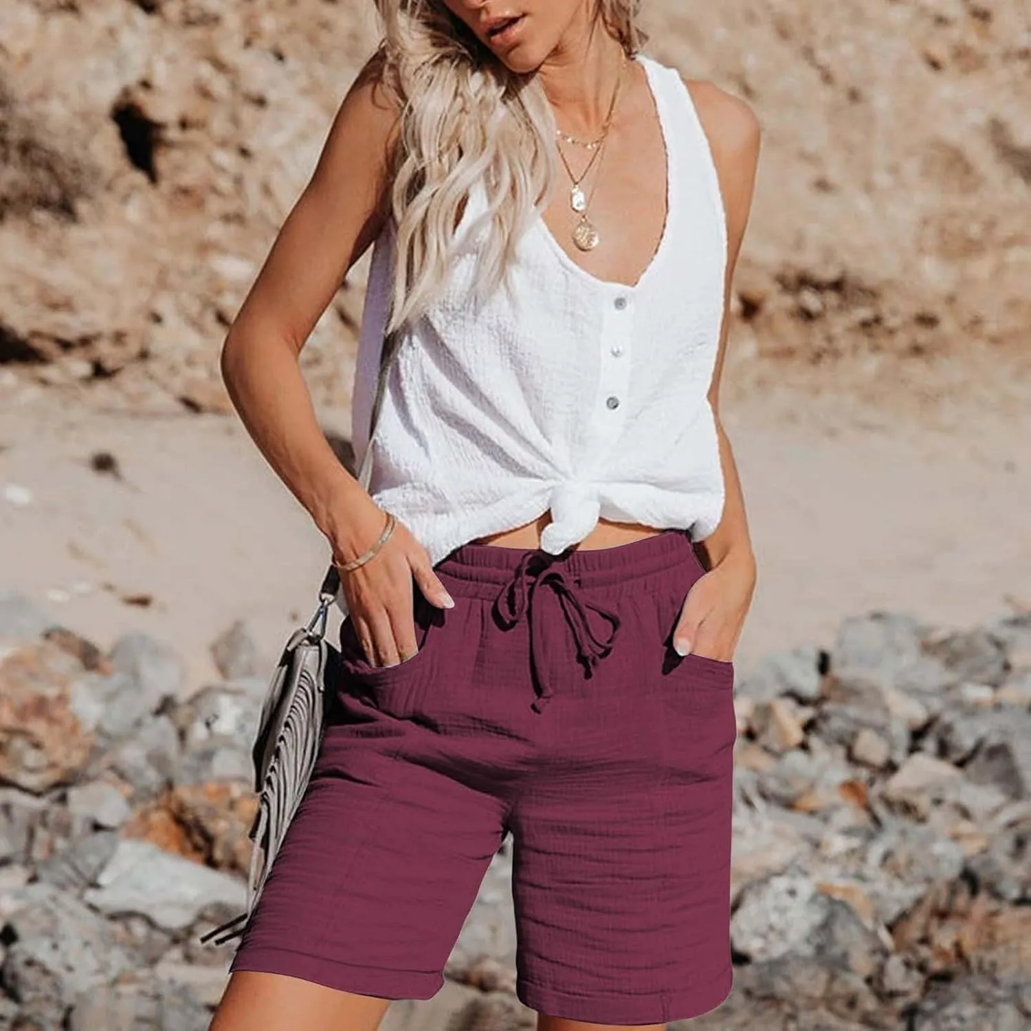 Shorts for Women Linen Shorts Elastic Waist Casual Lightweight with Pockets Cute Drawstring Summer Beach Shorts 2025 Fashion