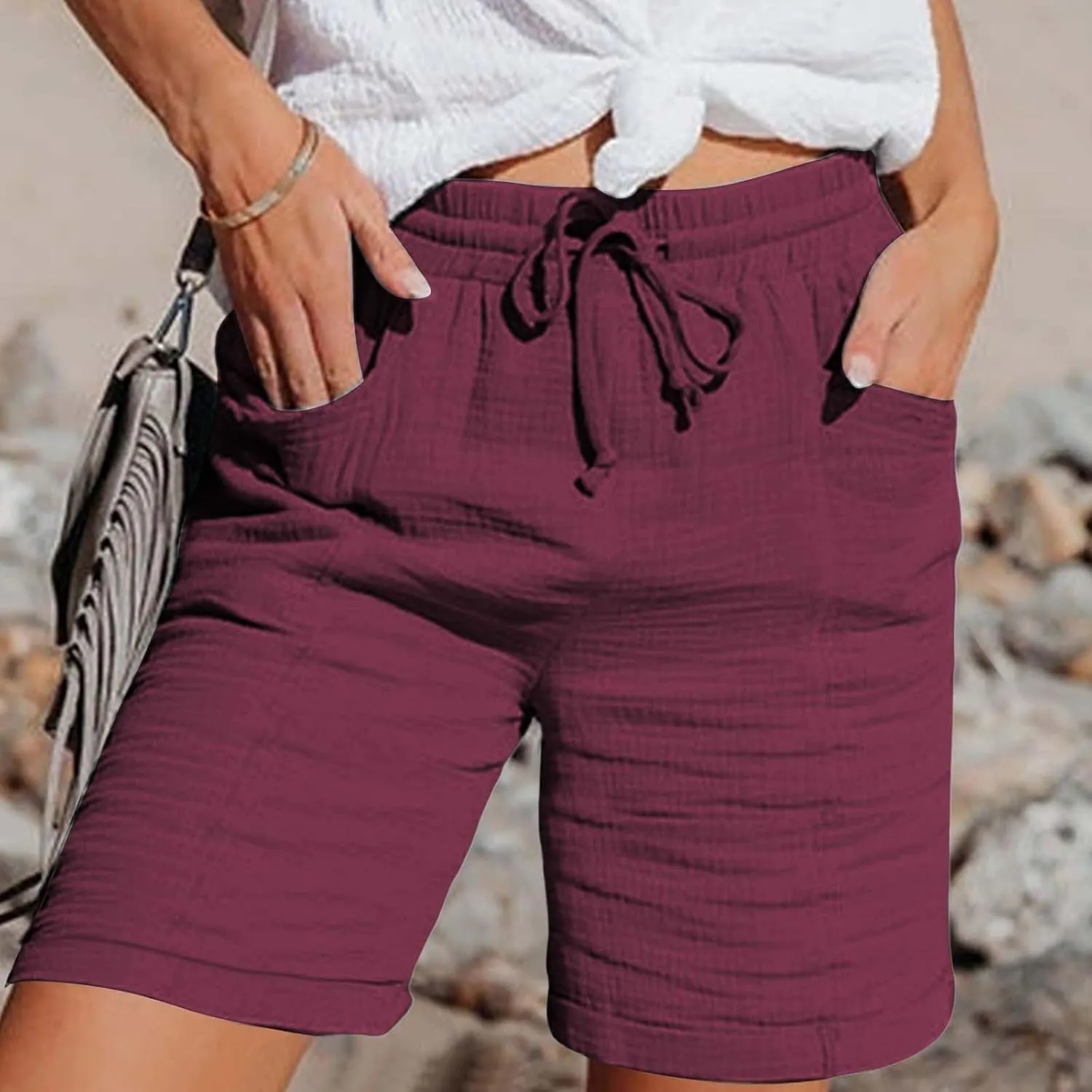 Shorts for Women Linen Shorts Elastic Waist Casual Lightweight with Pockets Cute Drawstring Summer Beach Shorts 2025 Fashion