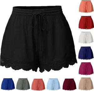 Shorts for Women Trendy Casual Stretch Lace Trim Summer Beach Ruffle Shorts Plus Size Elastic Waist Yoga Lounge Shorts