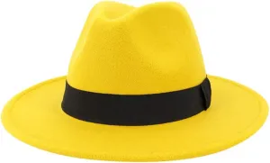 Solid Color Wool Fedora Hats for Women Men Wide Brim Flat Top Hat Jazz Hat with Feather Unisex