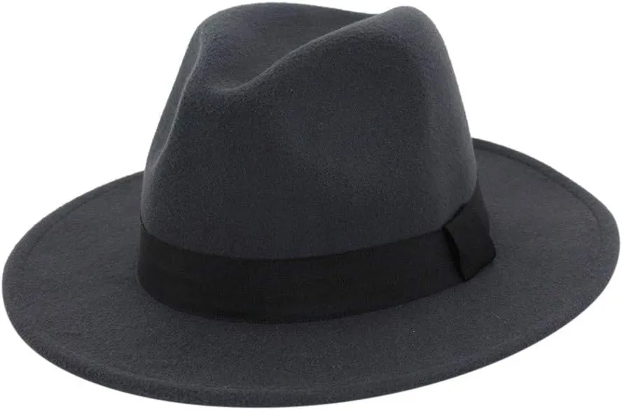 Solid Color Wool Fedora Hats for Women Men Wide Brim Flat Top Hat Jazz Hat with Feather Unisex