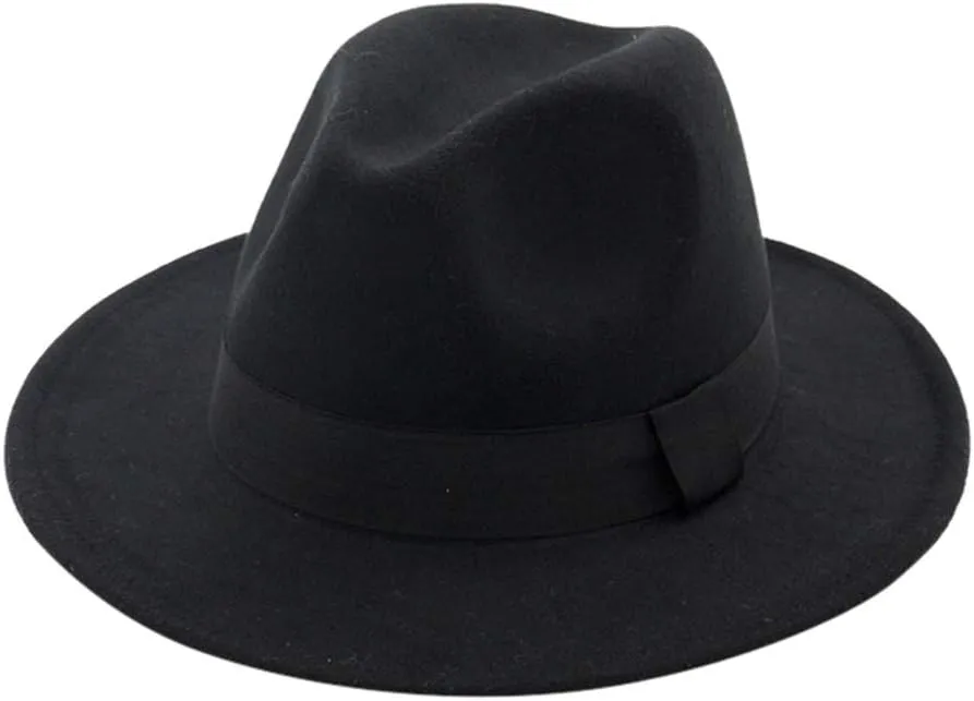 Solid Color Wool Fedora Hats for Women Men Wide Brim Flat Top Hat Jazz Hat with Feather Unisex