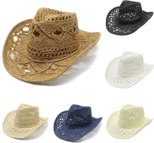 Straw Wide Brim Cowboy Hats Women Men Summer Casual Hollow Out Crochet Sun Hats Western Cowgirl Outfits 2025 Fashion