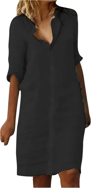 Summer Button Down Dress for Women Loose Fit Summer Cotton Linen Sundress Casual Short Sleeve Tunic Dresses