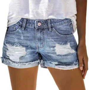 Summer Denim Shorts for Women High Waisted Distressed Ripped Jean Shorts Casual Stretch Hot Shorts with Pockets