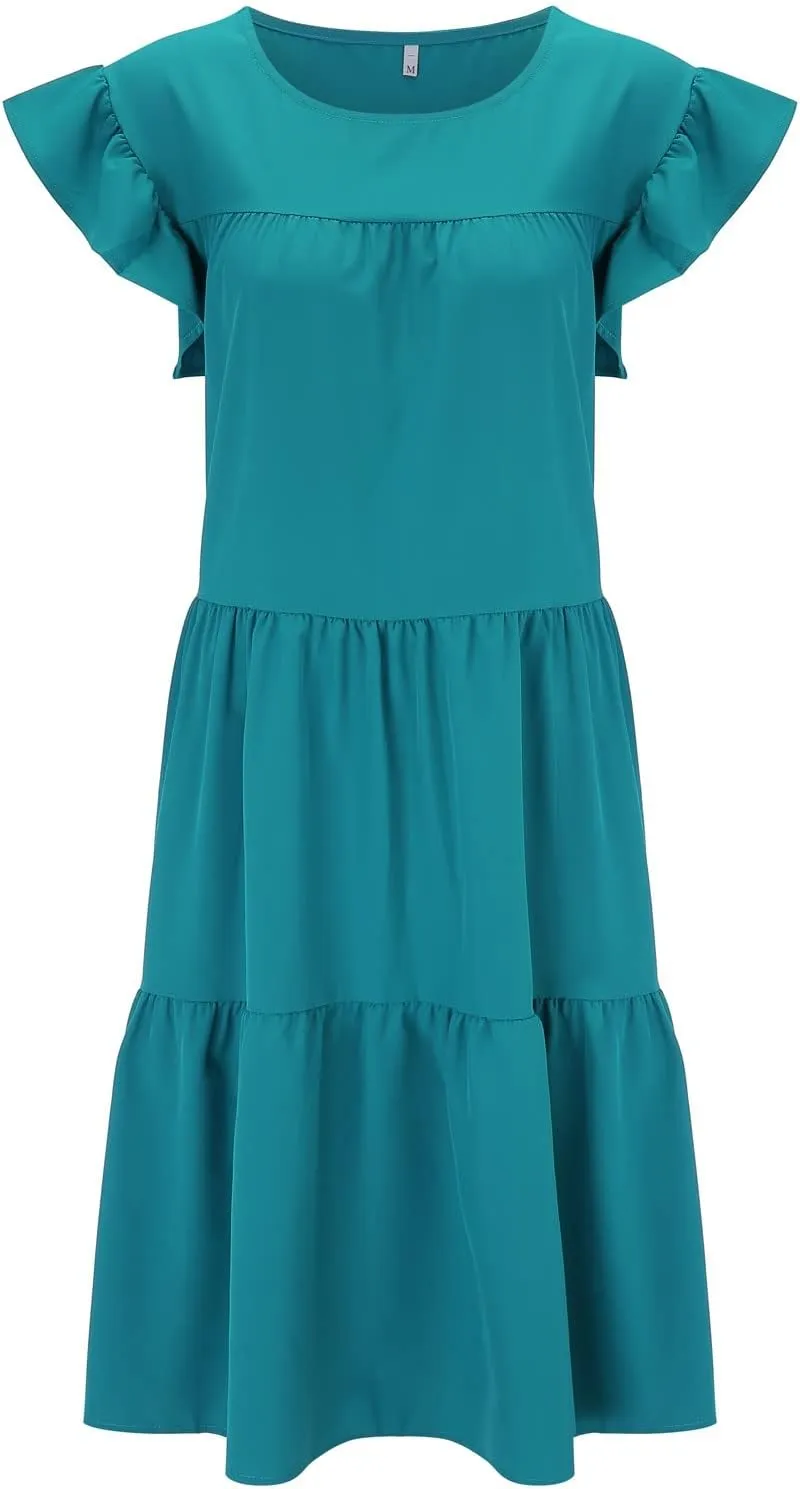 Summer Dresses for Women 2024 Casual Loose Solid Midi Dresses Flowy Tiered Ruffle Sleeve Vacation Summer Dresses
