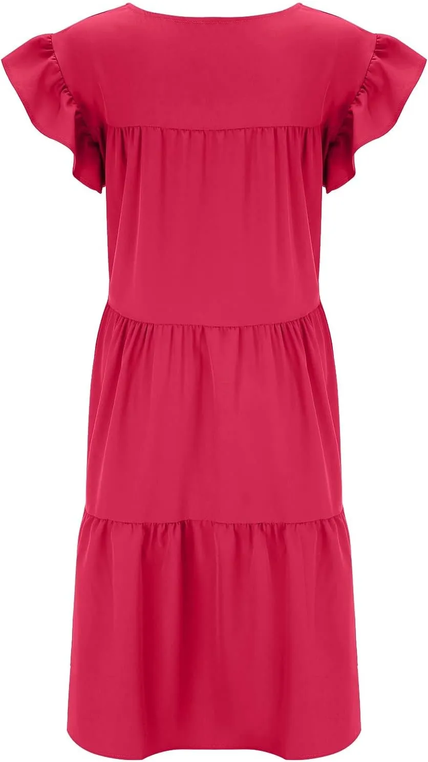 Summer Dresses for Women 2024 Casual Loose Solid Midi Dresses Flowy Tiered Ruffle Sleeve Vacation Summer Dresses