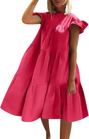 Summer Dresses for Women 2024 Casual Loose Solid Midi Dresses Flowy Tiered Ruffle Sleeve Vacation Summer Dresses