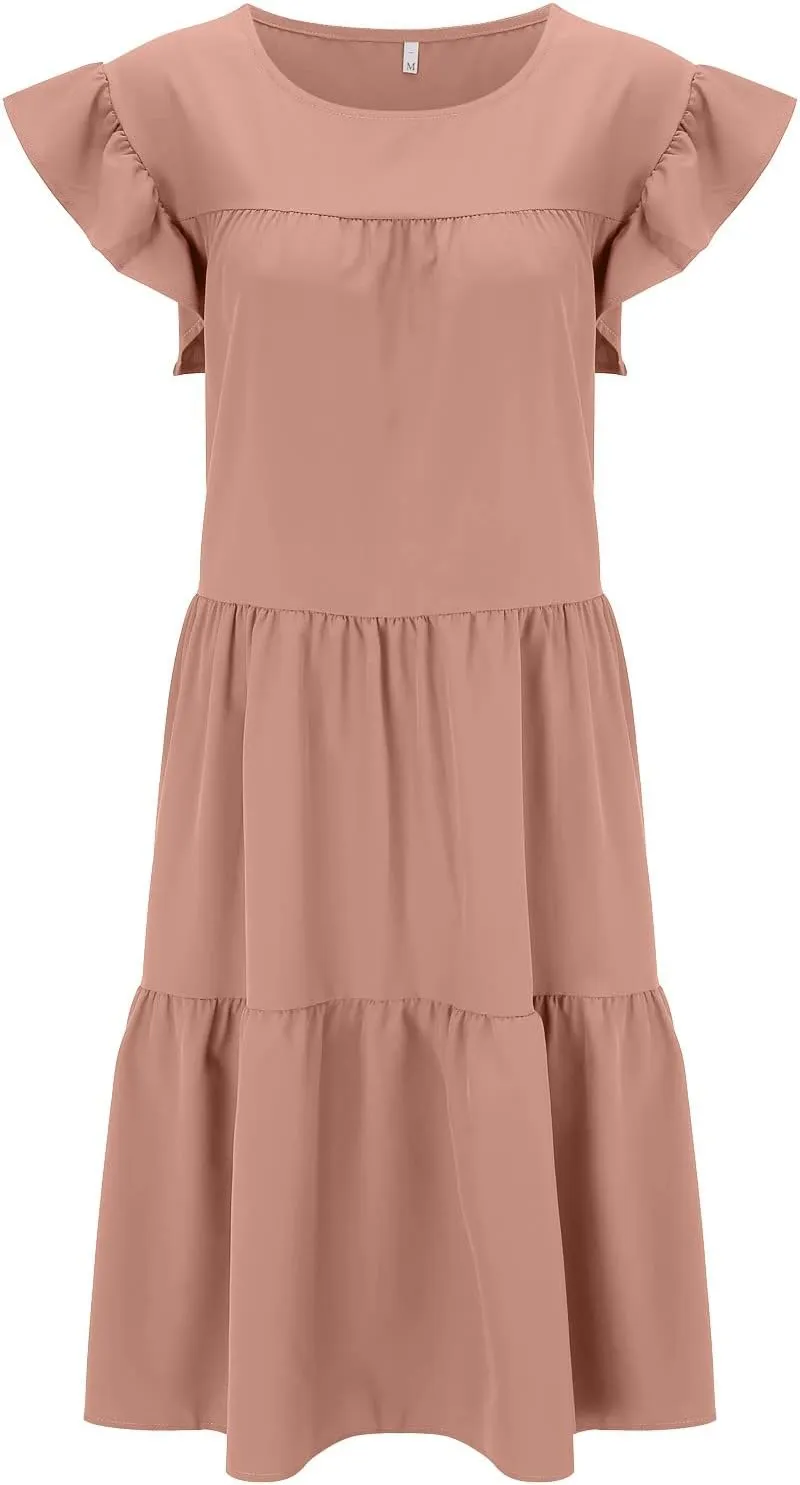 Summer Dresses for Women 2024 Casual Loose Solid Midi Dresses Flowy Tiered Ruffle Sleeve Vacation Summer Dresses