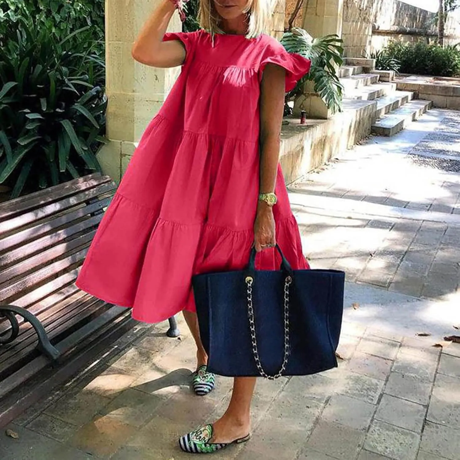 Summer Dresses for Women 2024 Casual Loose Solid Midi Dresses Flowy Tiered Ruffle Sleeve Vacation Summer Dresses