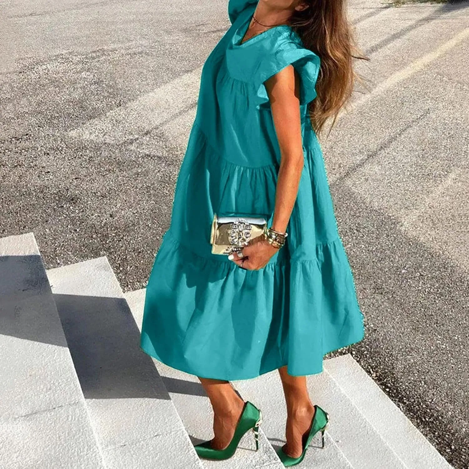 Summer Dresses for Women 2024 Casual Loose Solid Midi Dresses Flowy Tiered Ruffle Sleeve Vacation Summer Dresses