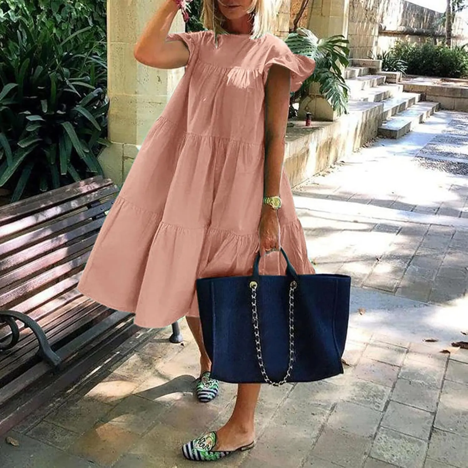 Summer Dresses for Women 2024 Casual Loose Solid Midi Dresses Flowy Tiered Ruffle Sleeve Vacation Summer Dresses