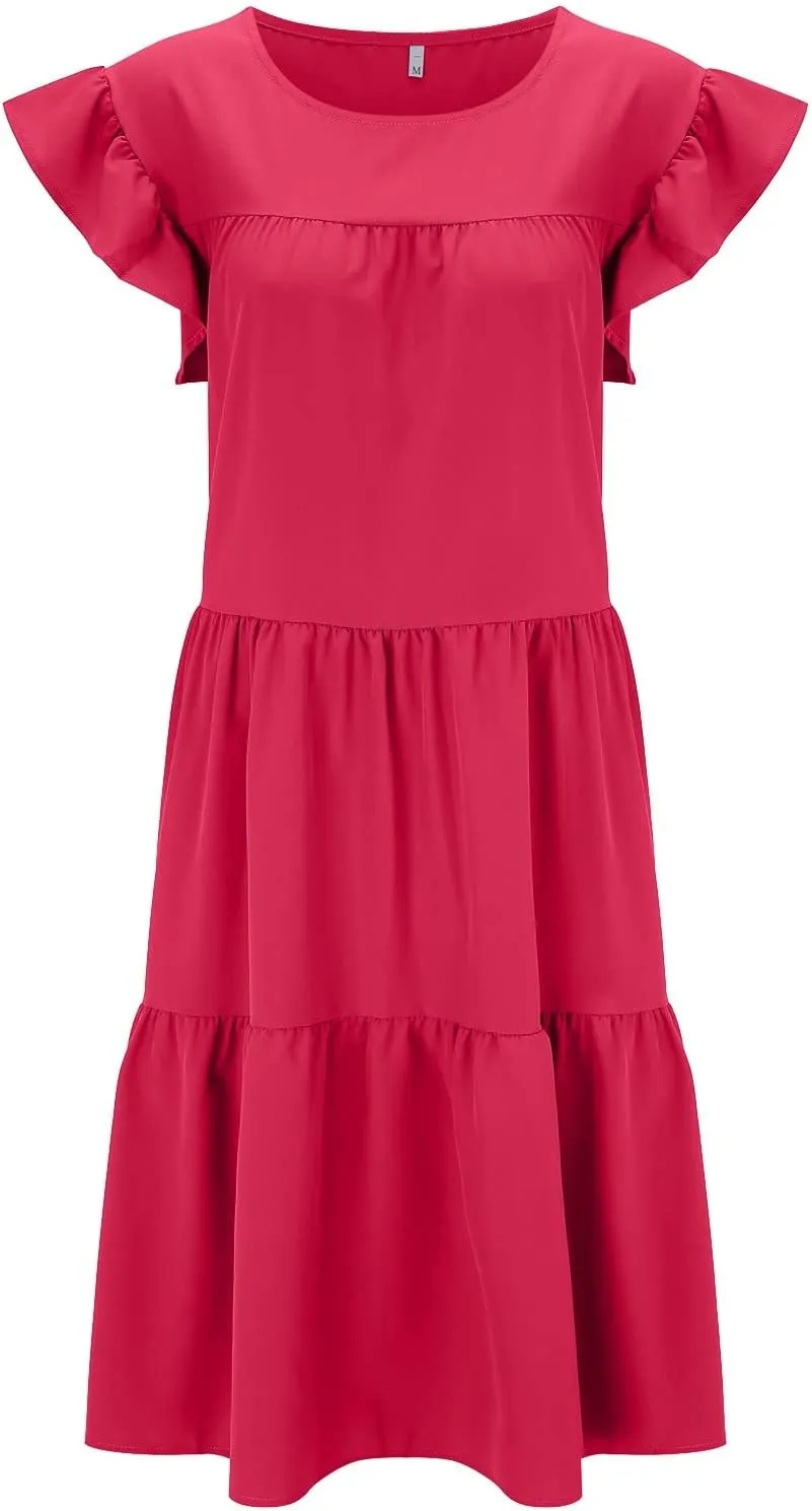Summer Dresses for Women 2024 Casual Loose Solid Midi Dresses Flowy Tiered Ruffle Sleeve Vacation Summer Dresses