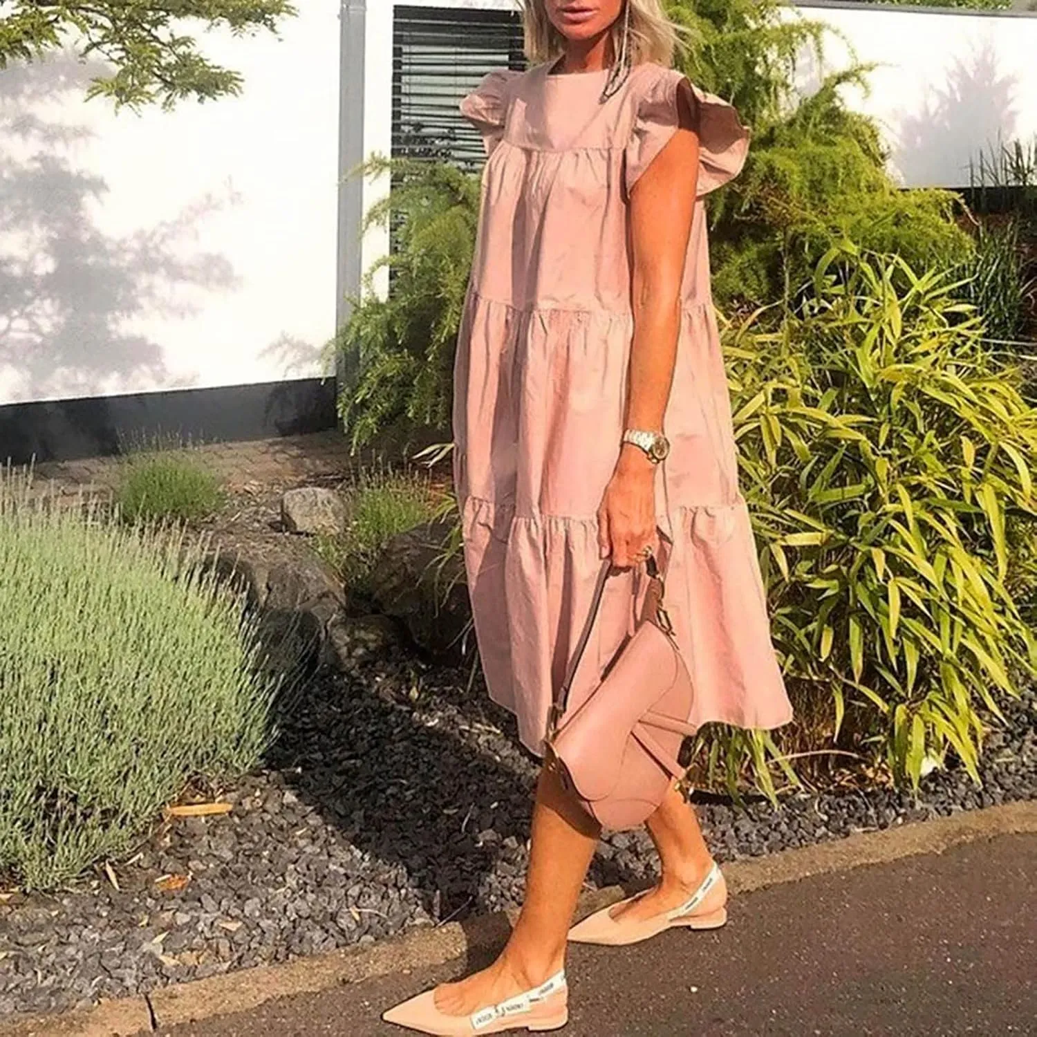 Summer Dresses for Women 2024 Casual Loose Solid Midi Dresses Flowy Tiered Ruffle Sleeve Vacation Summer Dresses