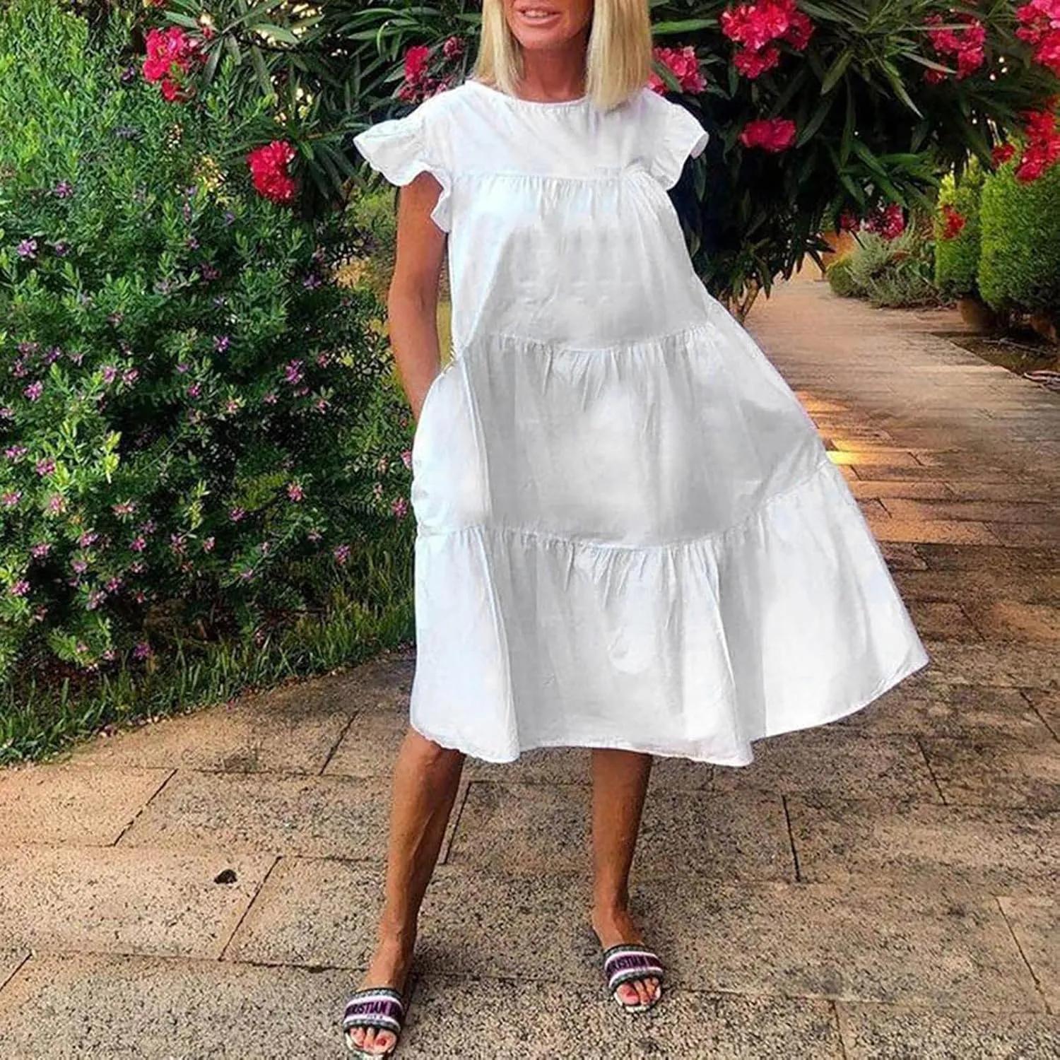Summer Dresses for Women 2024 Casual Loose Solid Midi Dresses Flowy Tiered Ruffle Sleeve Vacation Summer Dresses
