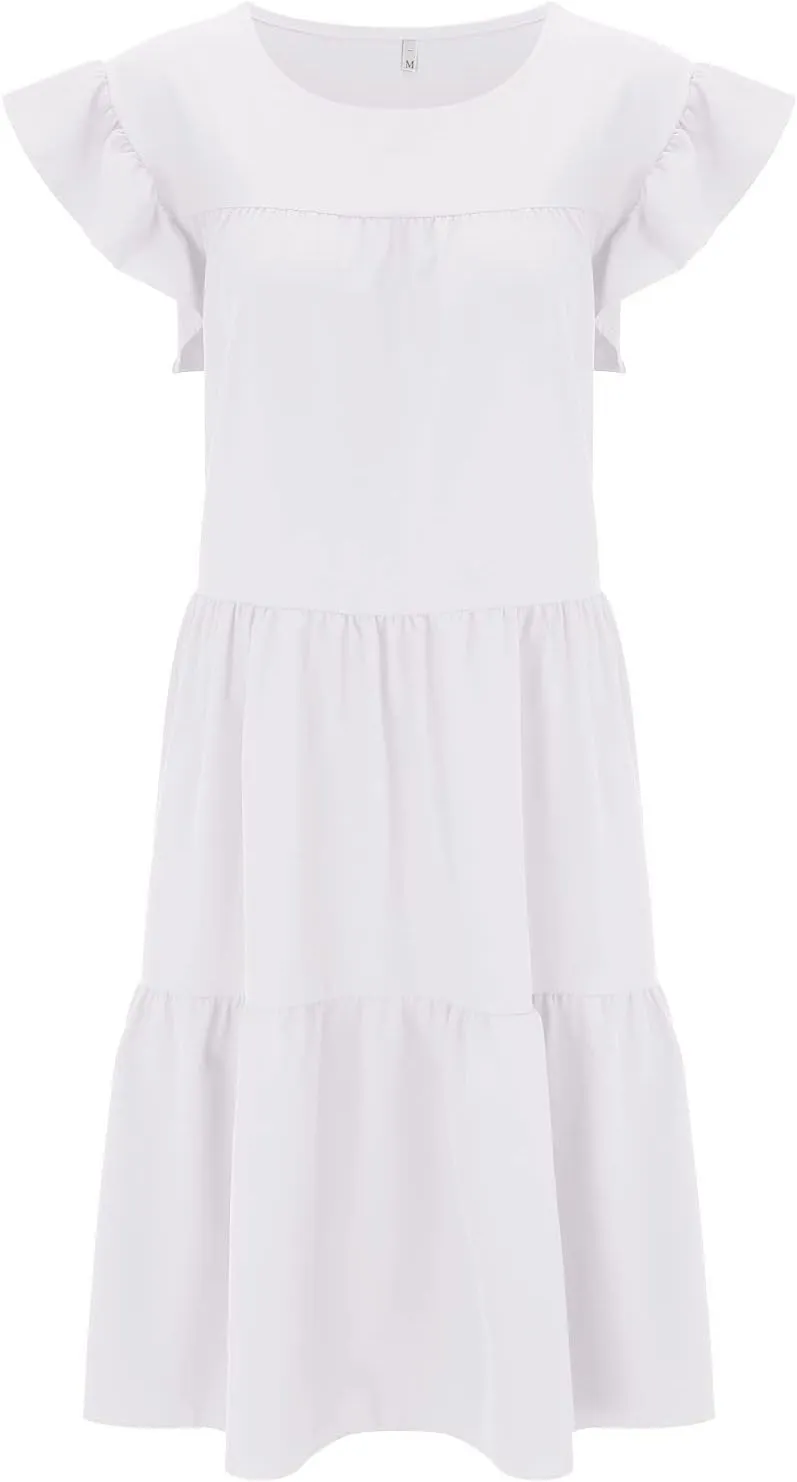 Summer Dresses for Women 2024 Casual Loose Solid Midi Dresses Flowy Tiered Ruffle Sleeve Vacation Summer Dresses