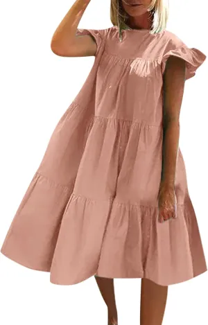Summer Dresses for Women 2024 Casual Loose Solid Midi Dresses Flowy Tiered Ruffle Sleeve Vacation Summer Dresses