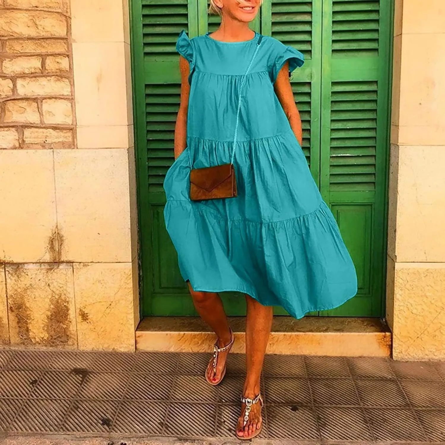 Summer Dresses for Women 2024 Casual Loose Solid Midi Dresses Flowy Tiered Ruffle Sleeve Vacation Summer Dresses