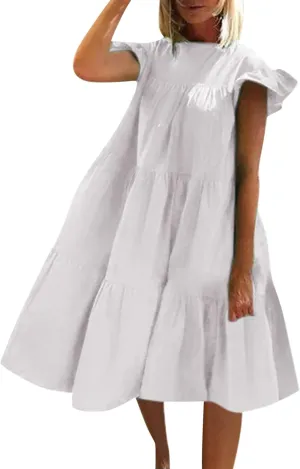 Summer Dresses for Women 2024 Casual Loose Solid Midi Dresses Flowy Tiered Ruffle Sleeve Vacation Summer Dresses