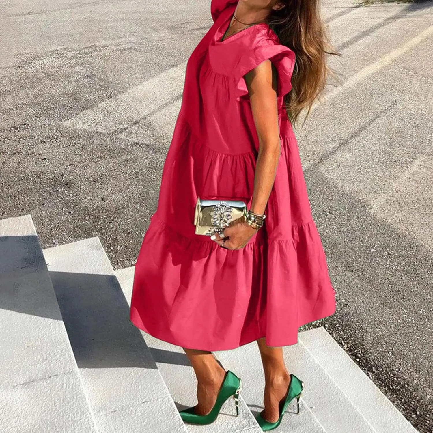 Summer Dresses for Women 2024 Casual Loose Solid Midi Dresses Flowy Tiered Ruffle Sleeve Vacation Summer Dresses