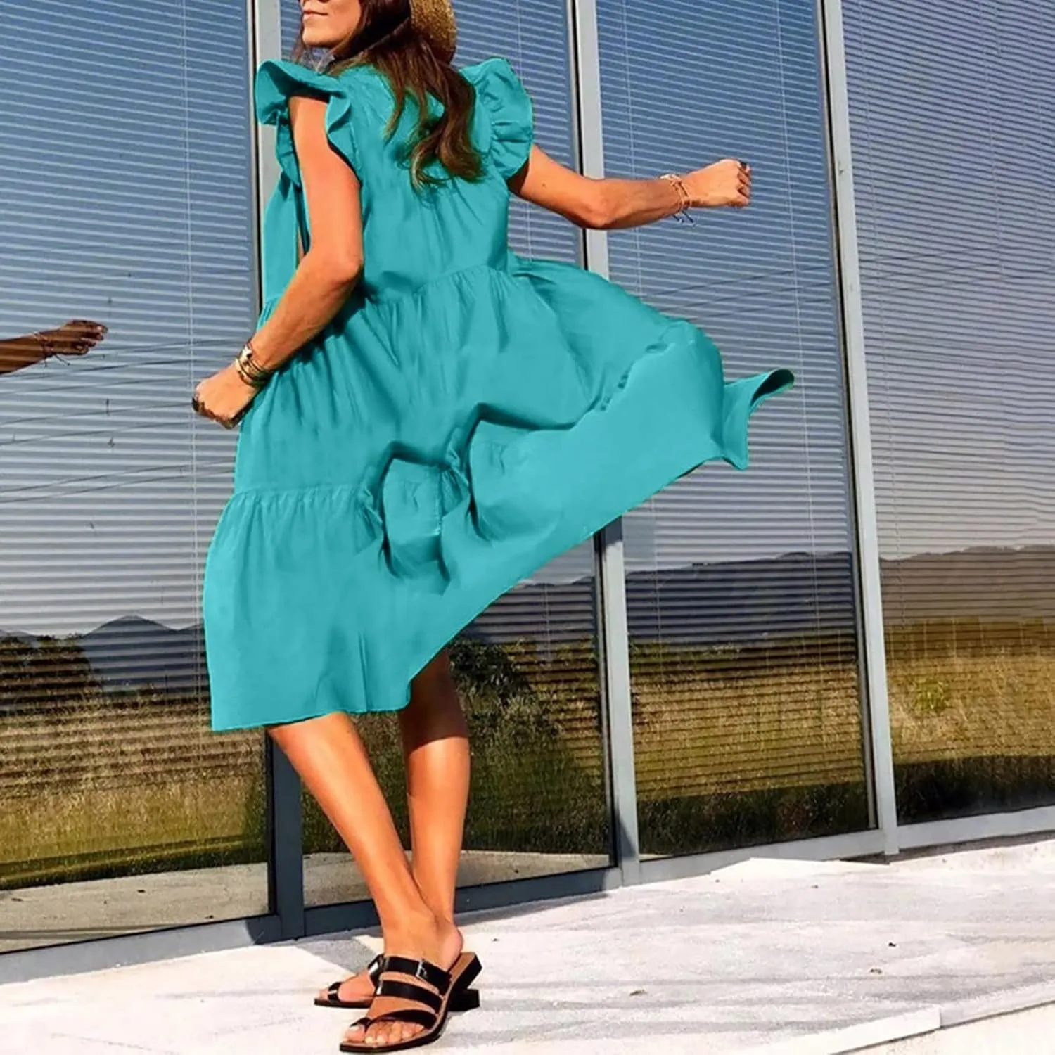 Summer Dresses for Women 2024 Casual Loose Solid Midi Dresses Flowy Tiered Ruffle Sleeve Vacation Summer Dresses