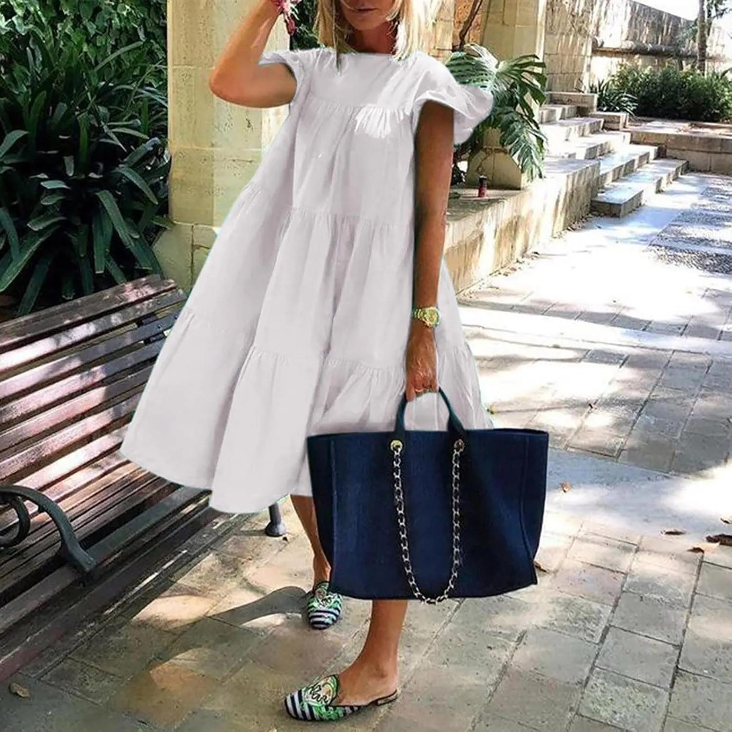 Summer Dresses for Women 2024 Casual Loose Solid Midi Dresses Flowy Tiered Ruffle Sleeve Vacation Summer Dresses