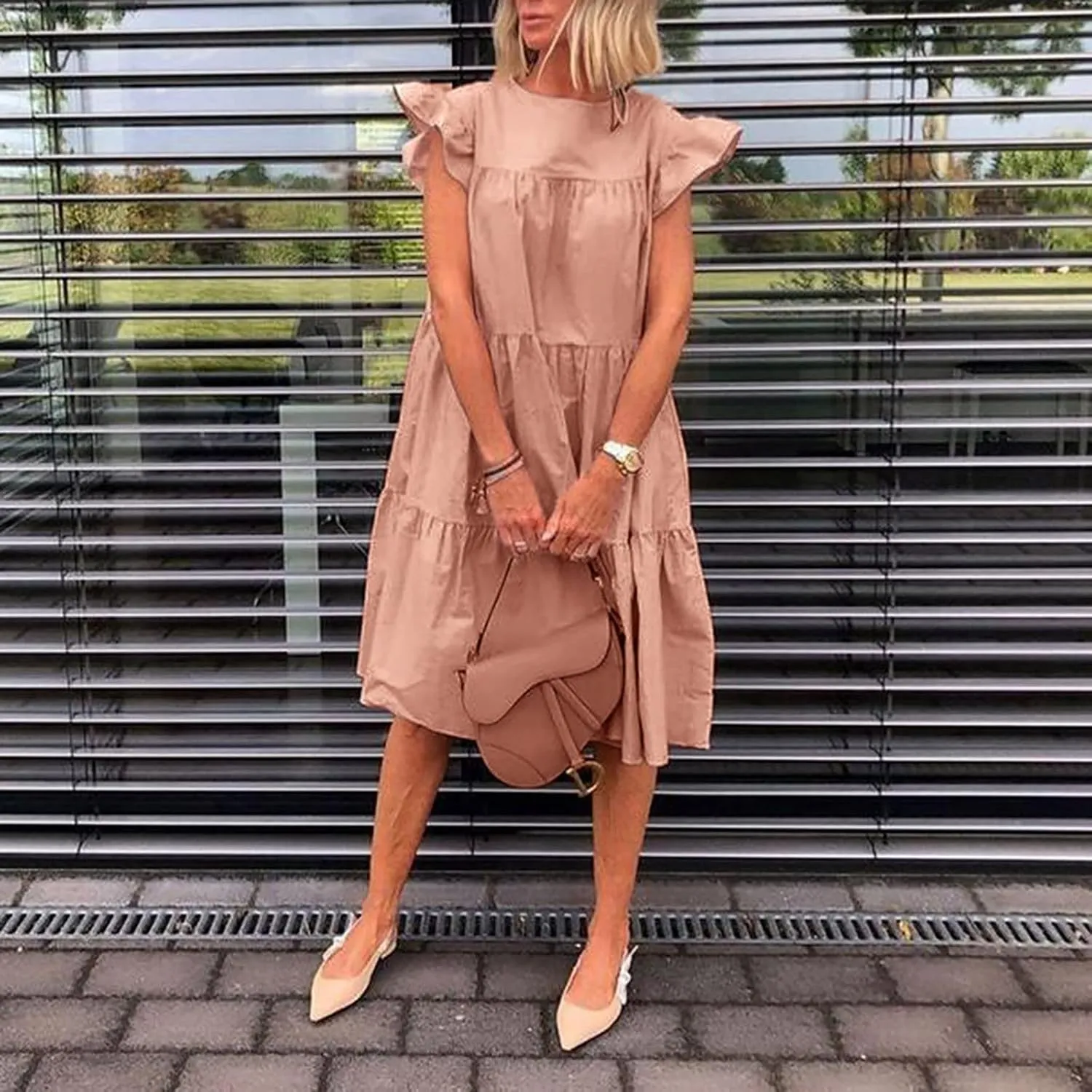 Summer Dresses for Women 2024 Casual Loose Solid Midi Dresses Flowy Tiered Ruffle Sleeve Vacation Summer Dresses