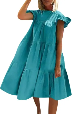 Summer Dresses for Women 2024 Casual Loose Solid Midi Dresses Flowy Tiered Ruffle Sleeve Vacation Summer Dresses