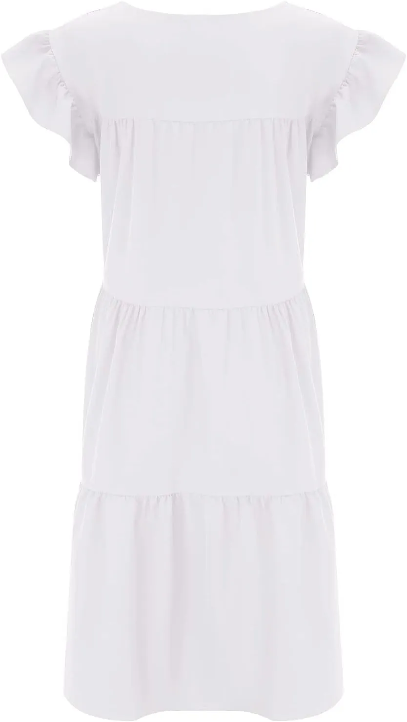 Summer Dresses for Women 2024 Casual Loose Solid Midi Dresses Flowy Tiered Ruffle Sleeve Vacation Summer Dresses