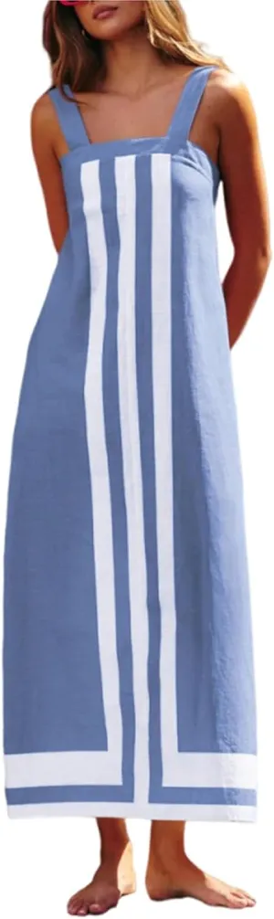 Summer Dresses for Women 2025 Bohemian Floral Dress Summer Casual Color Block Maxi Beach Overall Dress Coverups